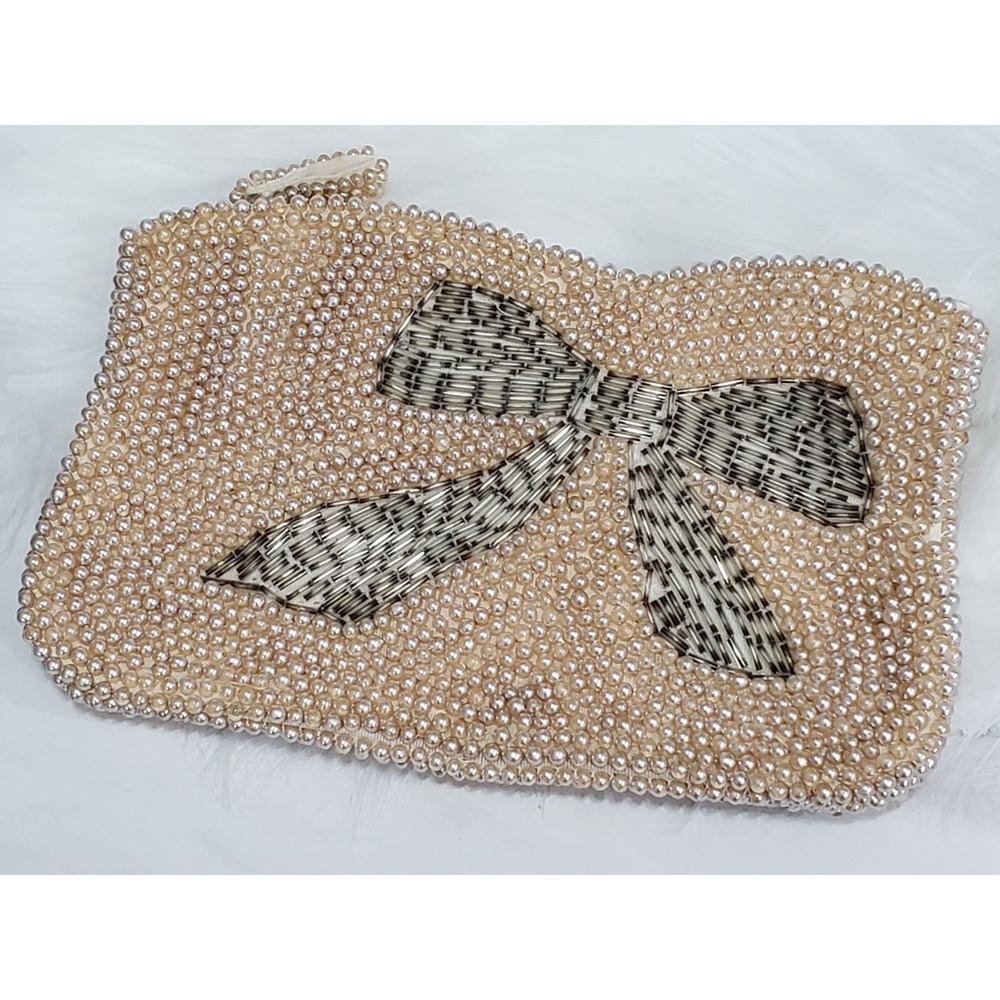 Vintage Beaded Evening Clutch Purse Made in Japan Pearl Bow Coquette Beige Zip